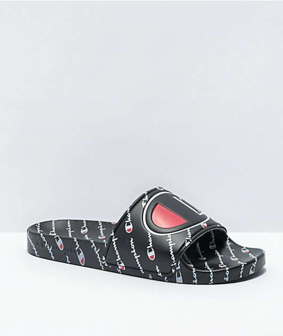 Sandals * | Champion Ipo Repeat Text Black Slide Sandals Outlet