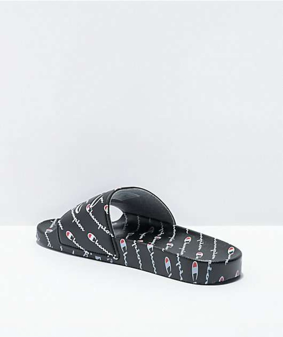 Sandals * | Champion Ipo Repeat Text Black Slide Sandals Outlet