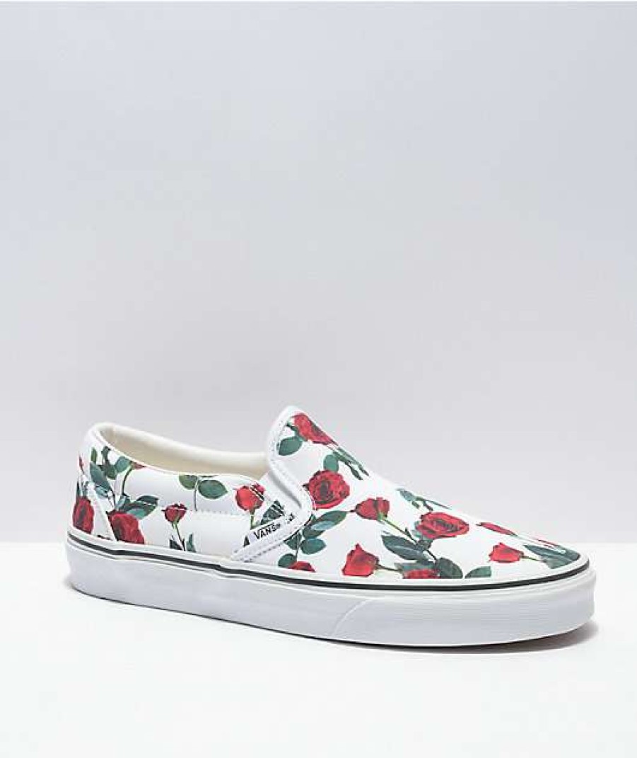 Vans * | Vans Slip-On Red Roses White Skate Shoes Promotions