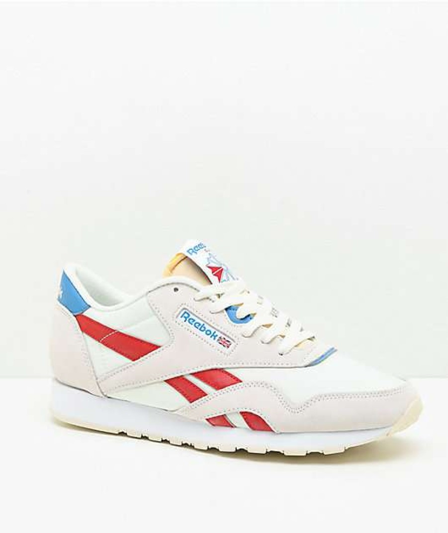 Sneakers * | Reebok Classic Leather Nylon Chalk, Scarlet & Blue Shoes Outlet