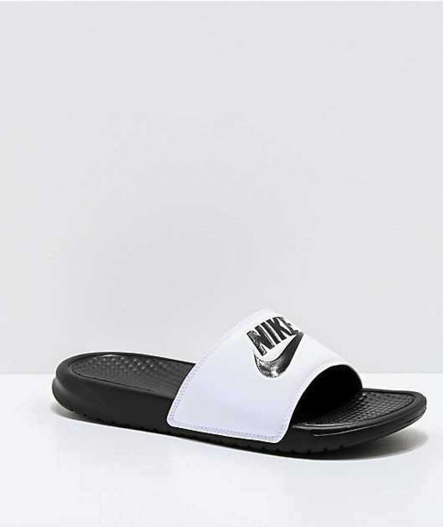 Nike * | Nike Benassi White & Black Slide Sandals Promotions