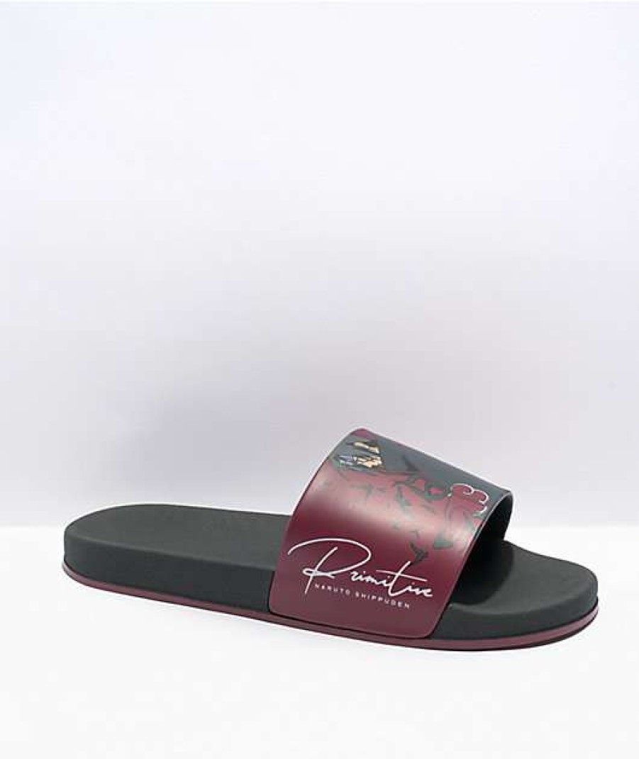 Sandals * | Primitive X Naruto Shippuden Crows Burgundy Slide Sandals Outlet