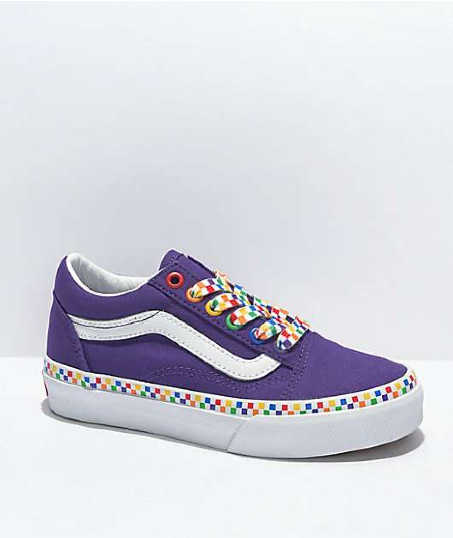 Vans * | Vans Old School Rainbow Checkerboard Purple Skate Shoes Promotions