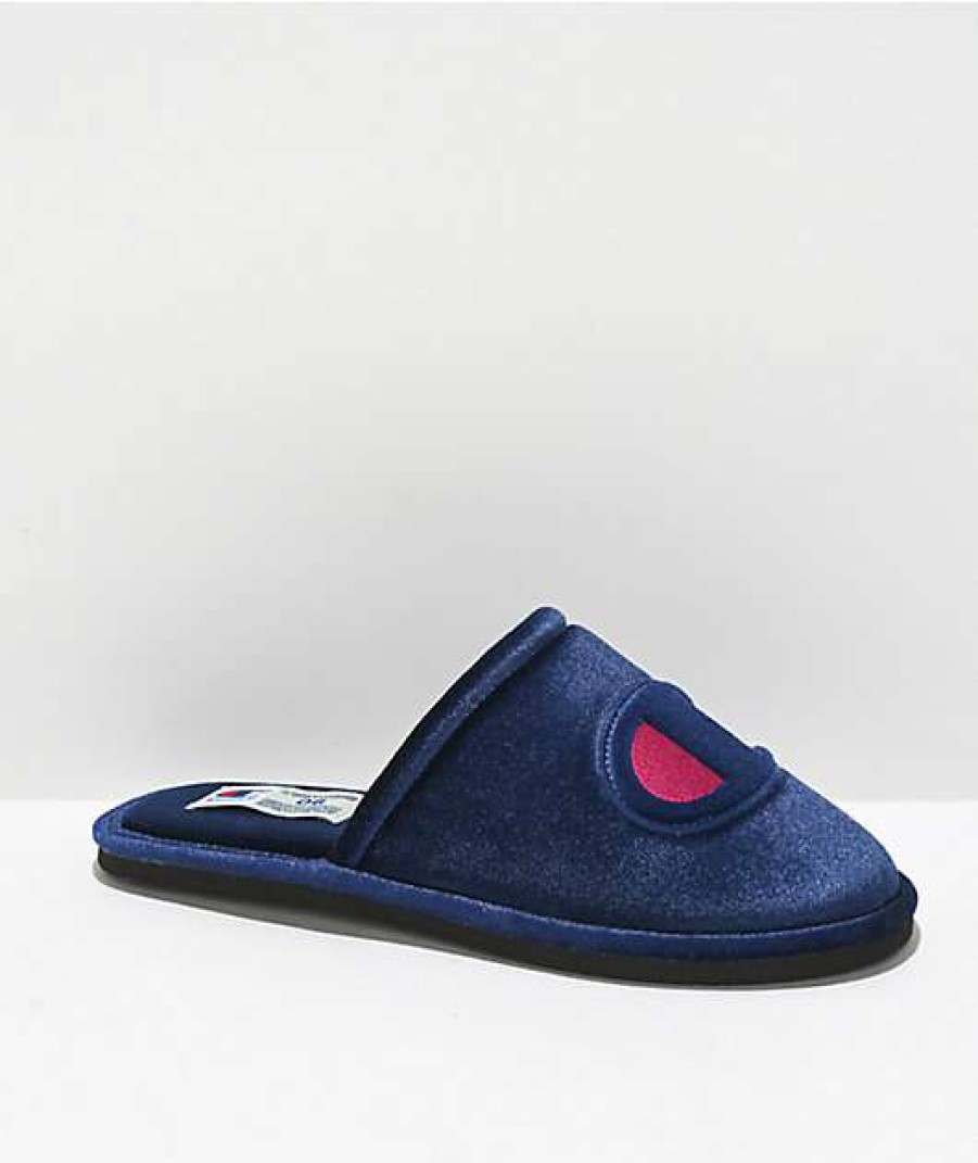 Shoes * | Champion Sleepover Navy Velvet Slippers Outlet