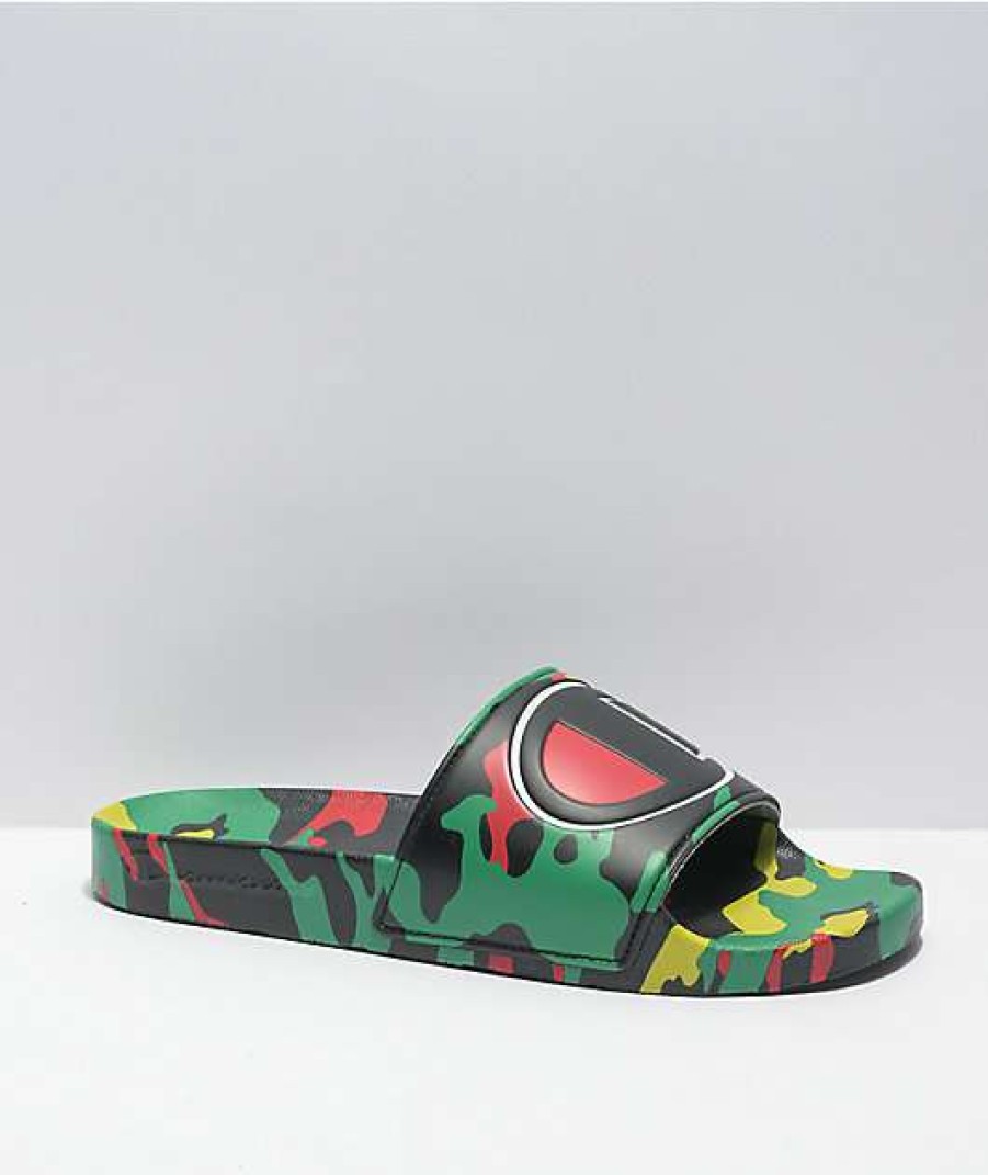 Sandals * | Champion Ipo Black, Green, & Scarlet Camo Slide Sandals Outlet