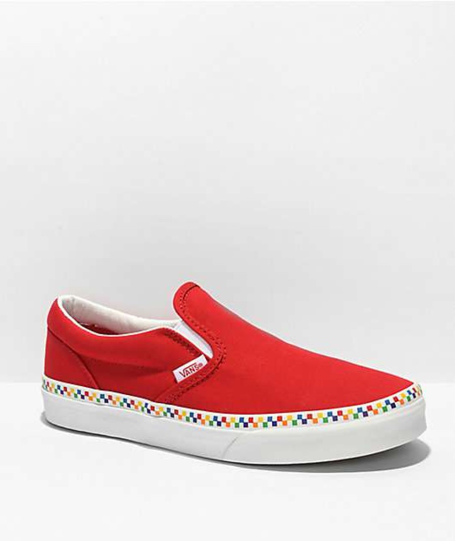 Vans * | Vans Slip-On Rainbow Checkerboard Red Skate Shoes Promotions