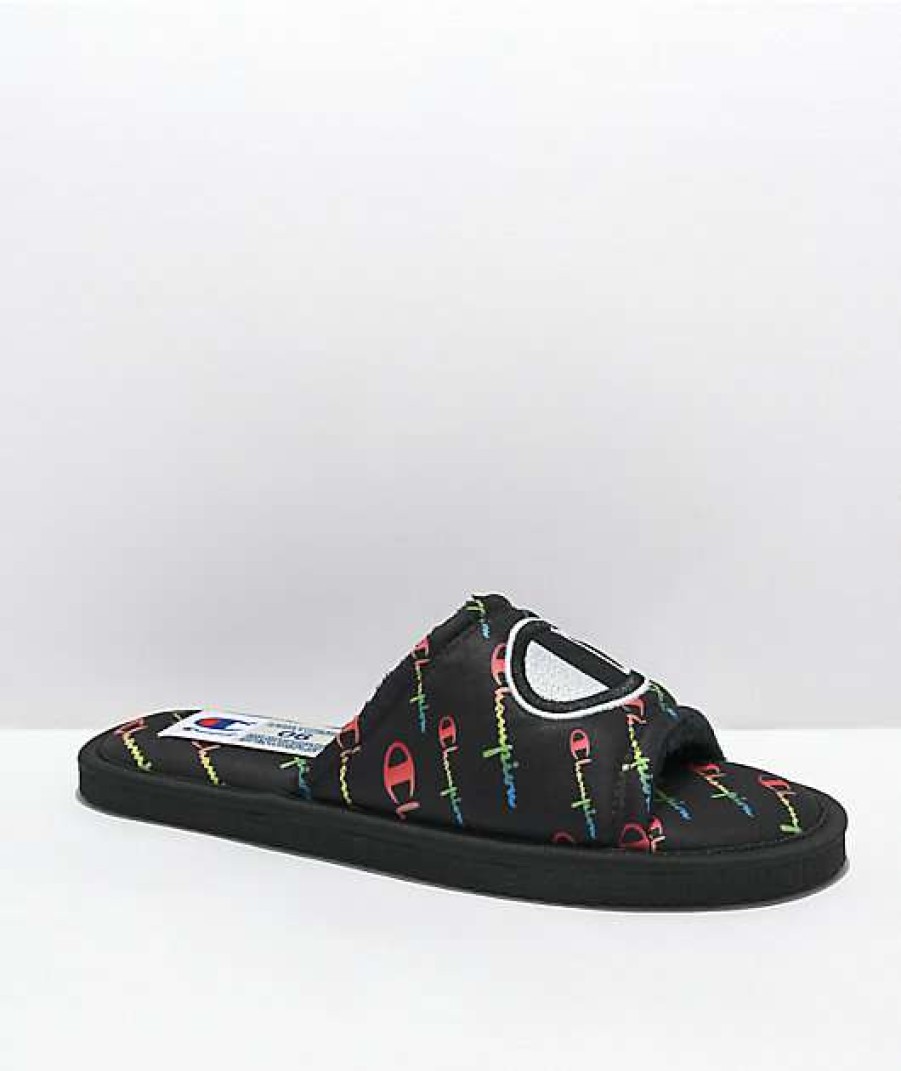 Shoes * | Champion Cozy Tozy Black & Rainbow Slippers Outlet