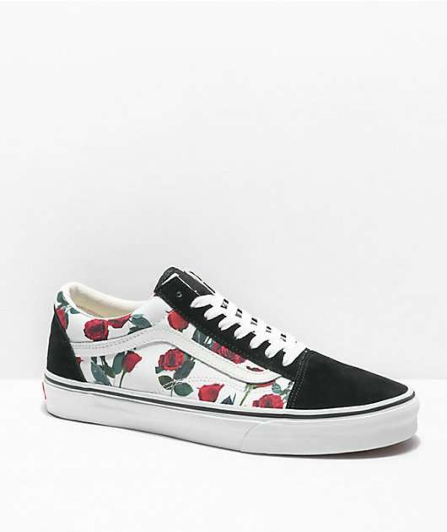 Vans * | Vans Old Skool Red Roses Black, White & Red Skate Shoes Promotions