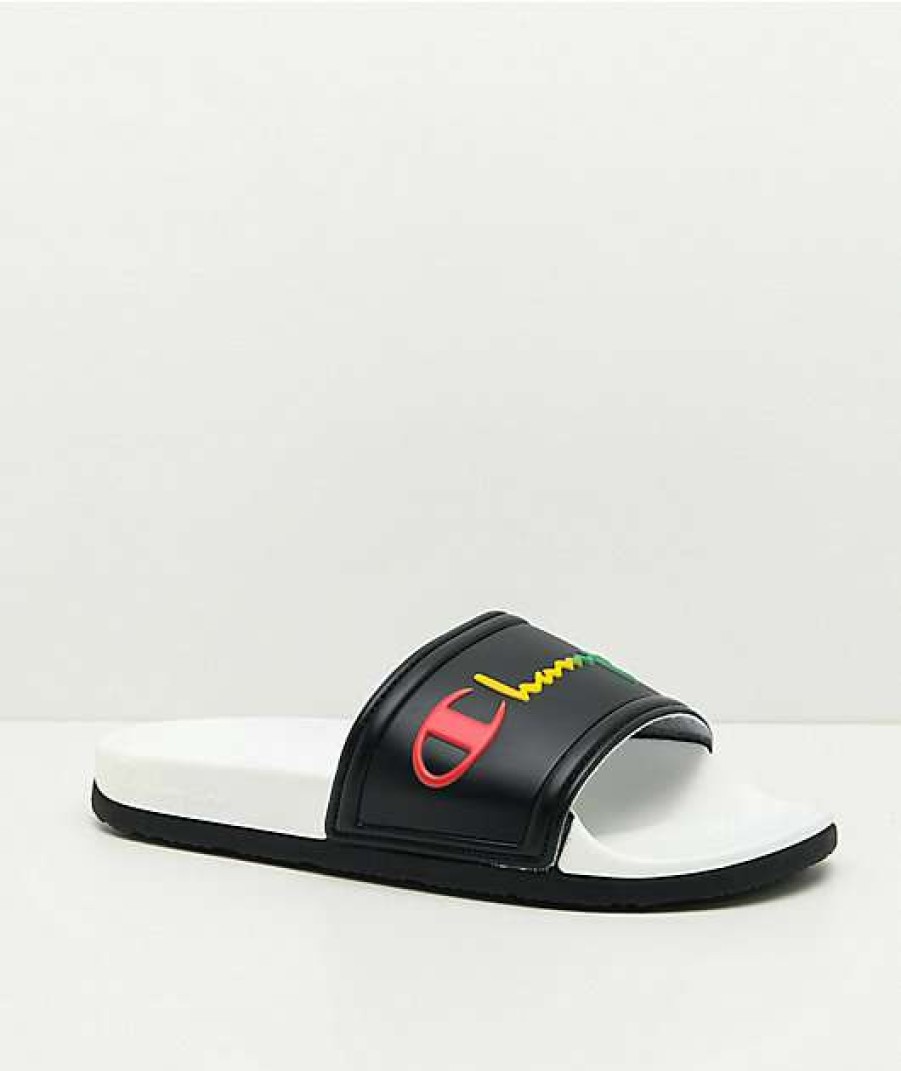 Sandals * | Champion Ipo Squish Black & Rainbow Slide Sandals Outlet