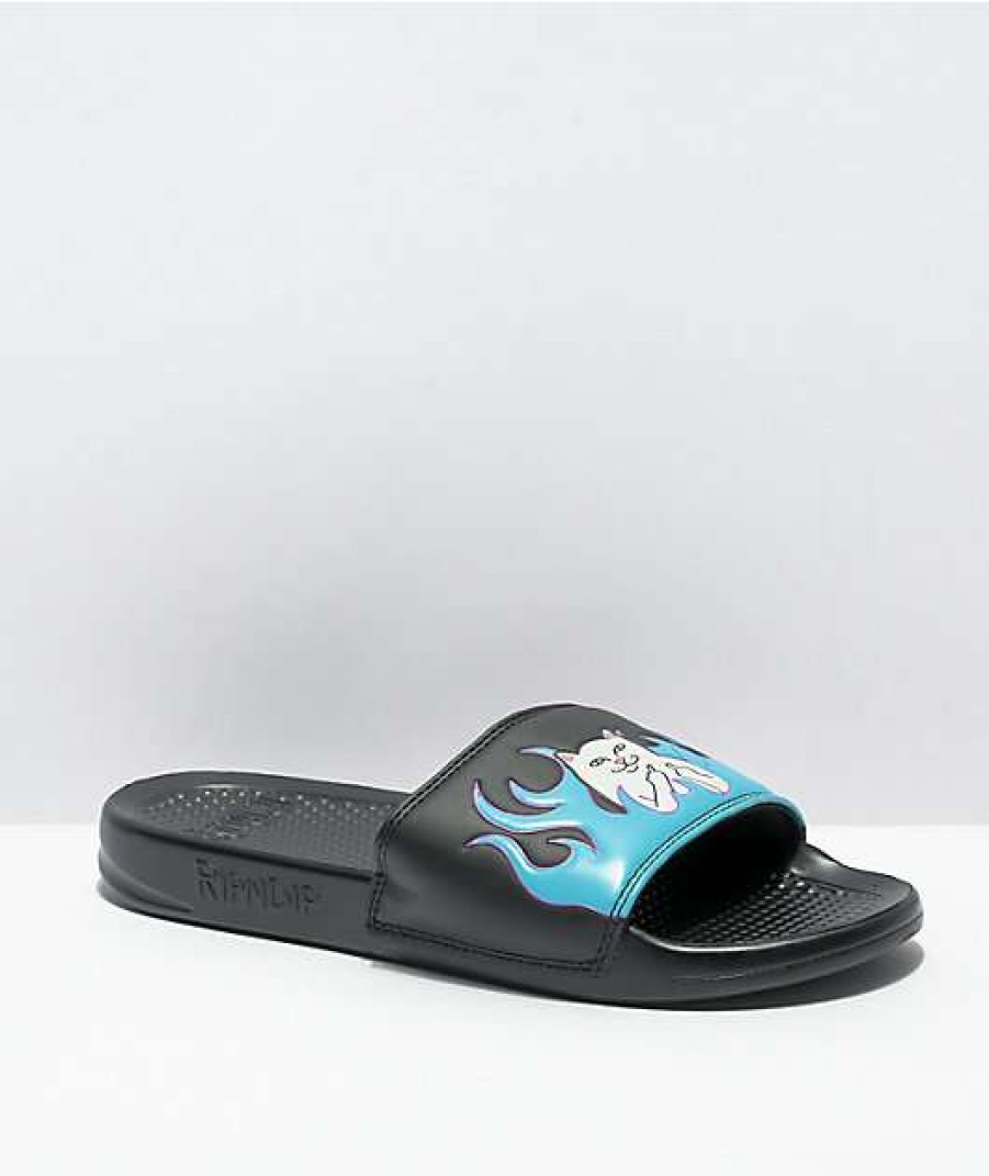 Sandals * | Ripndip Lord Nermal Black & Blue Flame Sandals Outlet