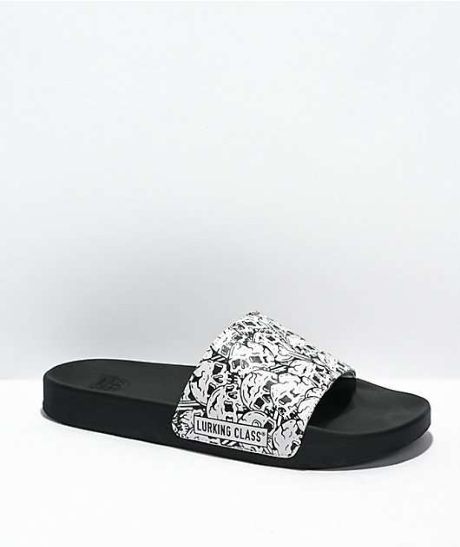 Sandals * | Lurking Class By Sketchy Tank Skulls Black & White Slide Sandals Outlet