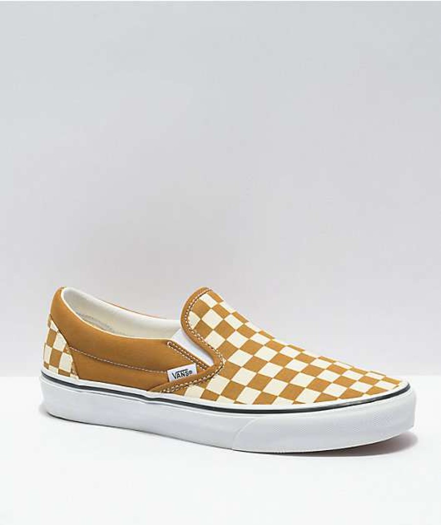 Vans * | Vans Slip-On Golden Brown & White Checkerboard Skate Shoes Promotions