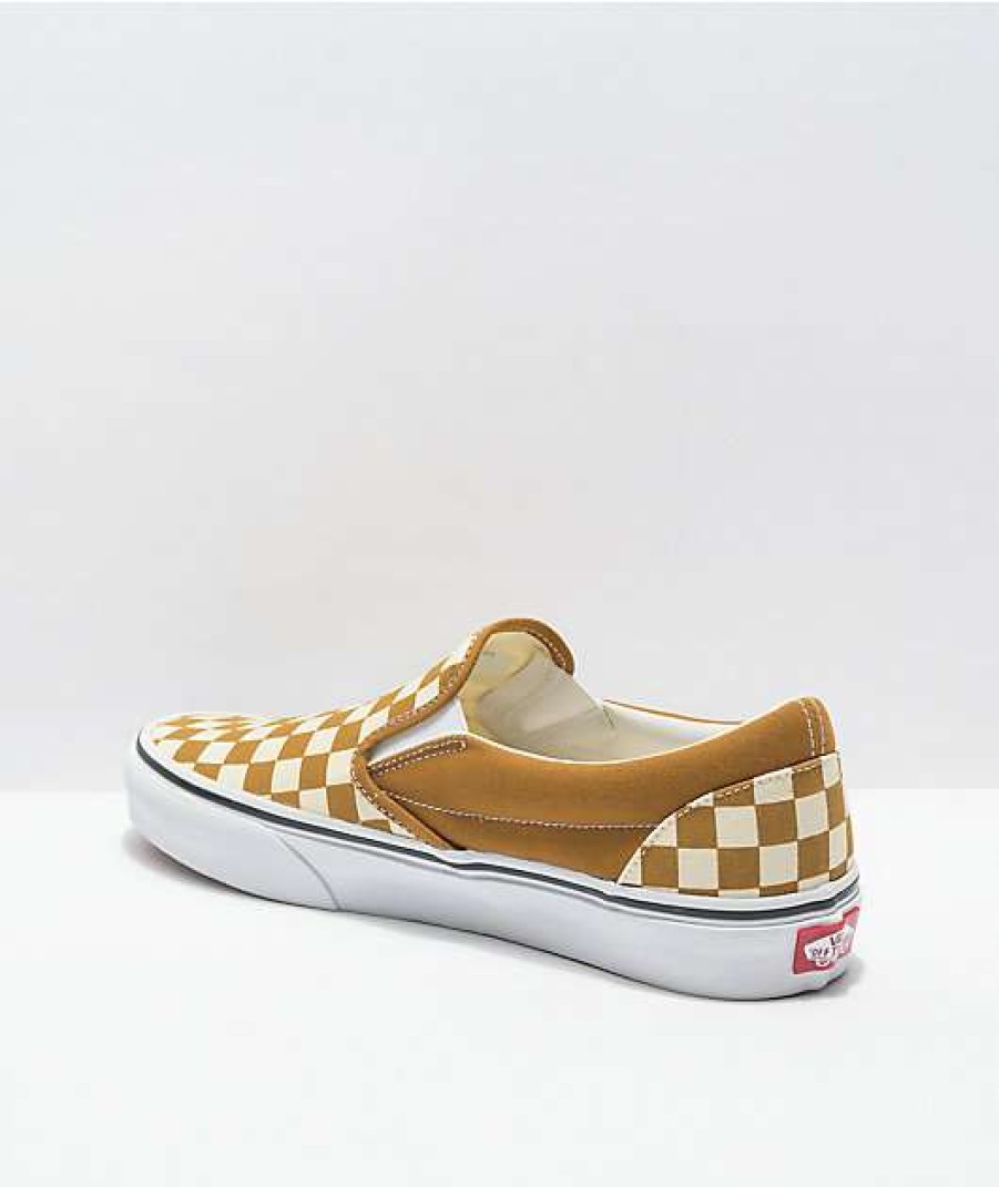 Vans * | Vans Slip-On Golden Brown & White Checkerboard Skate Shoes Promotions