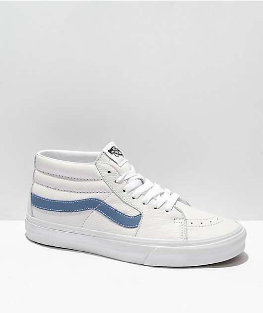 Vans * | Vans Sk8-Mid White & Moonlight Blue Leather Skate Shoes Promotions