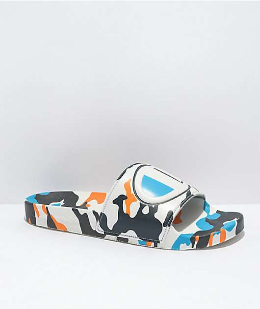 Sandals * | Champion Ipo White, Blue & Orange Camo Slide Sandals Outlet