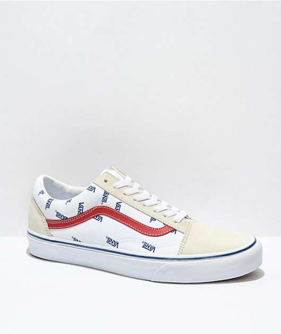 Vans * | Vans Old Skool Print White, Blue & Red Skate Shoes Promotions