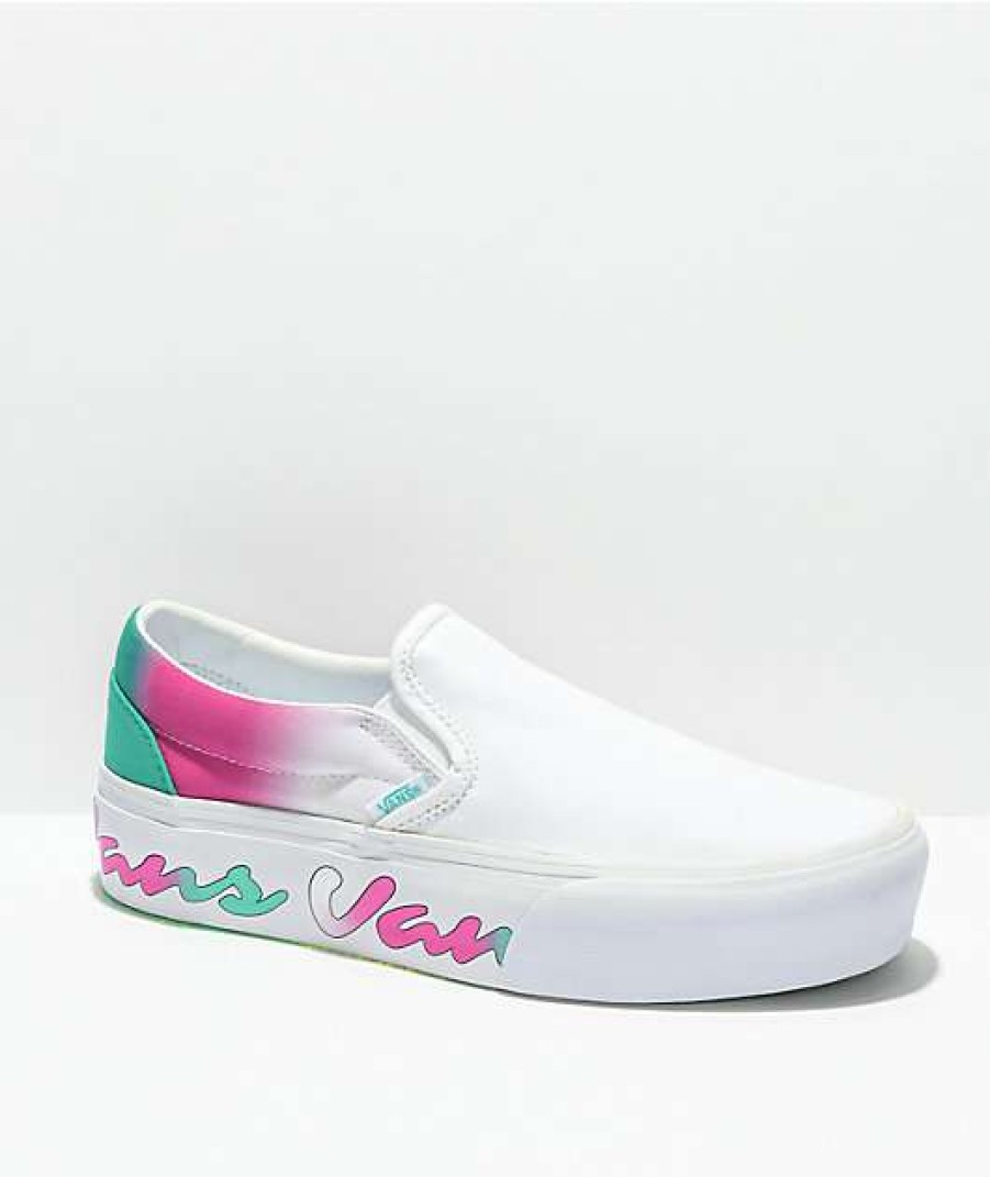 Vans * | Vans Slip-On Spring Fade White, Pink & Green Platform Shoes Promotions