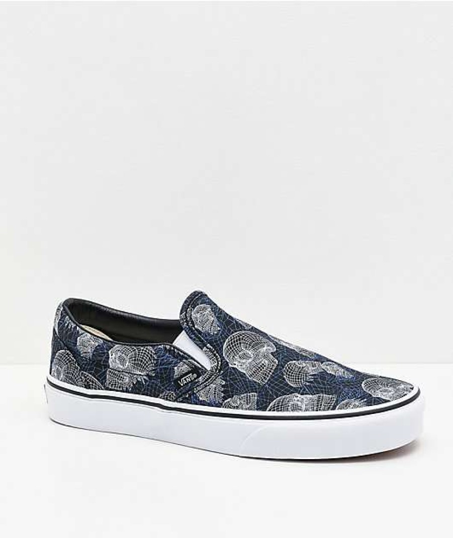 Vans * | Vans Slip-On Wireframe Skulls Navy & White Skate Shoes Promotions