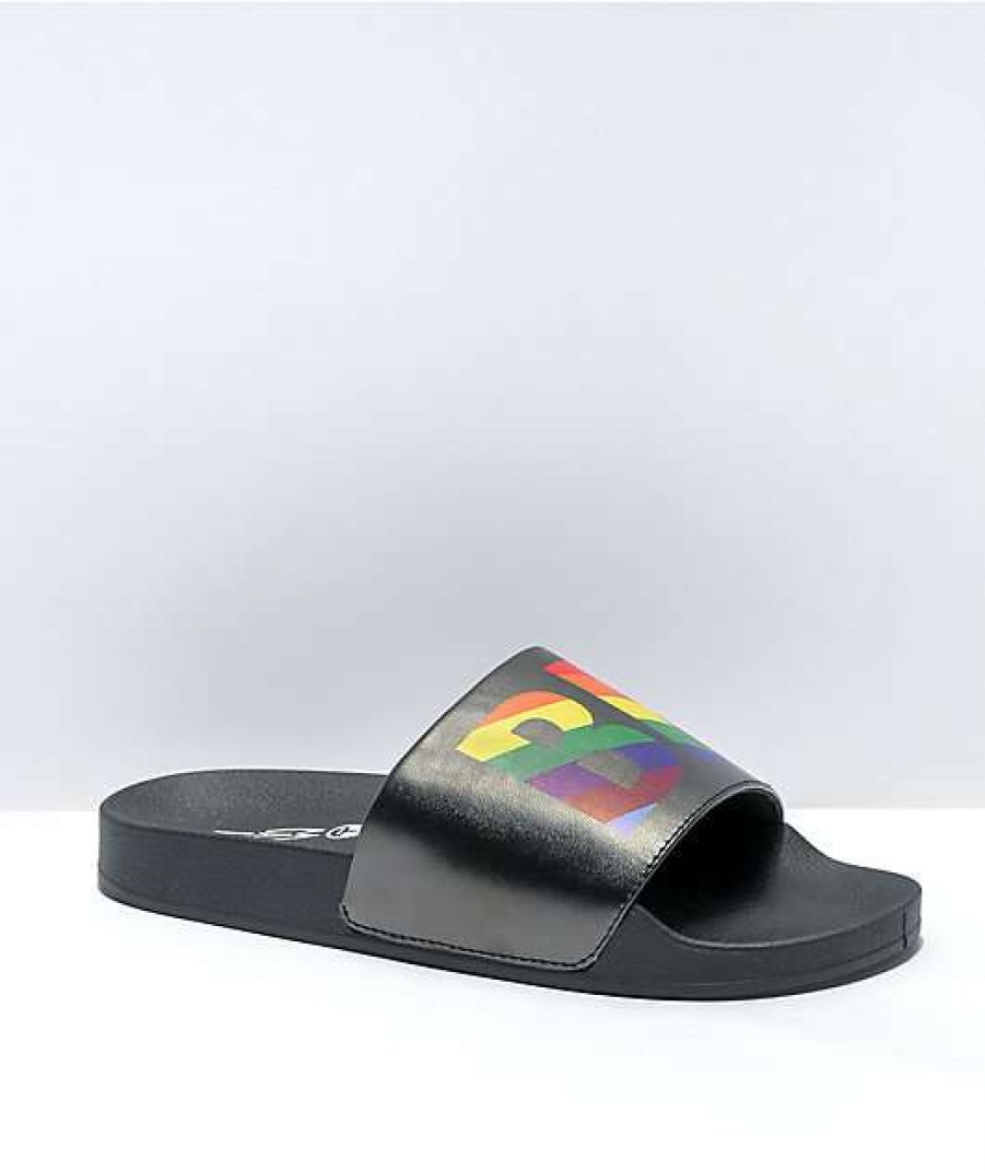 Sandals * | Mah Be Kind Black & Rainbow Slide Sandals Outlet