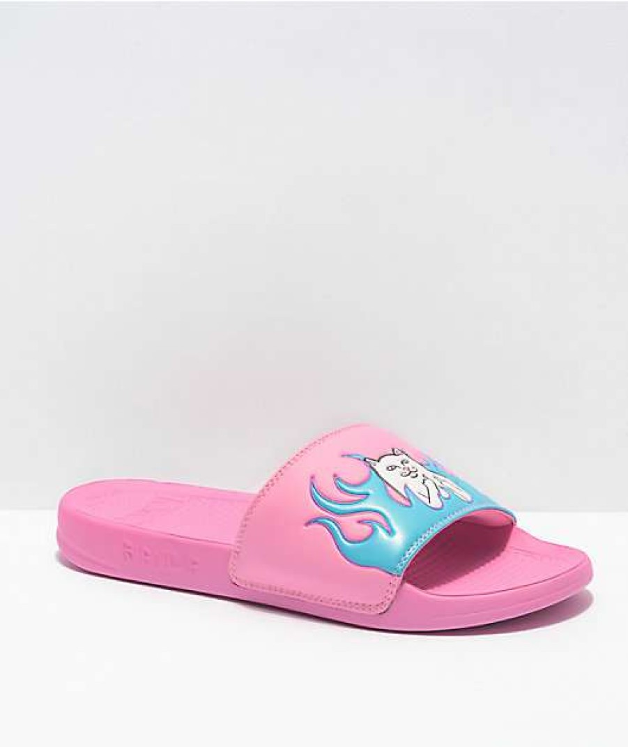 Sandals * | Ripndip Lord Nermal Pink & Blue Flame Slides Outlet