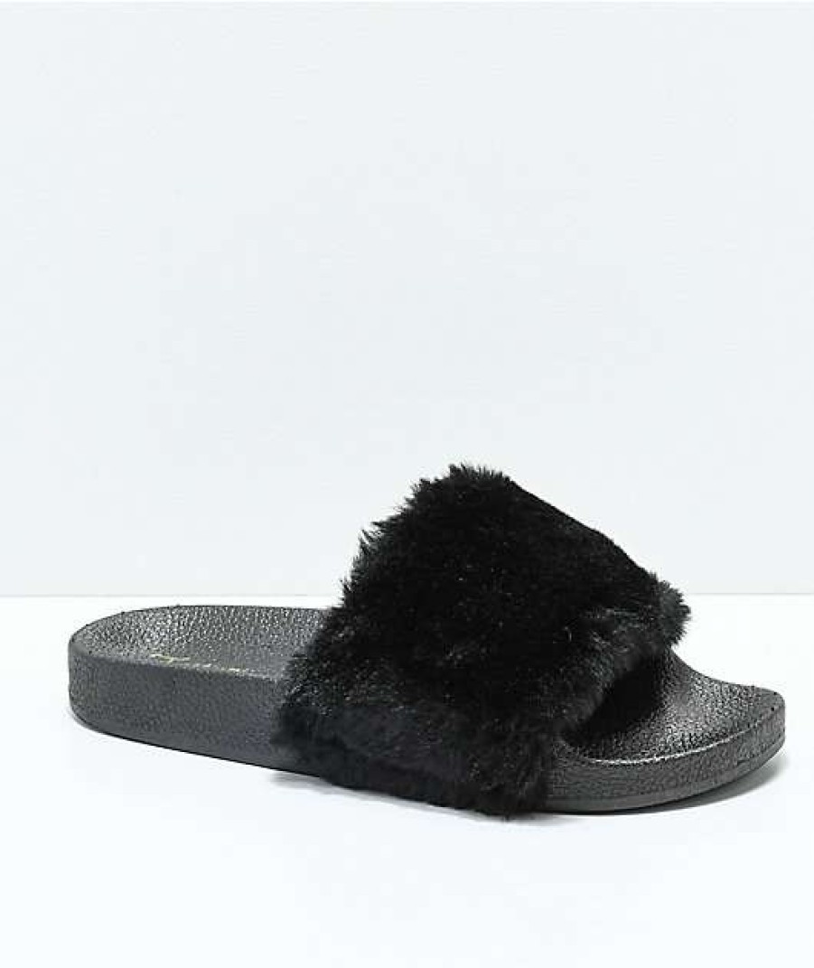 Sandals * | Trillium Black Fur Slide Sandals Outlet