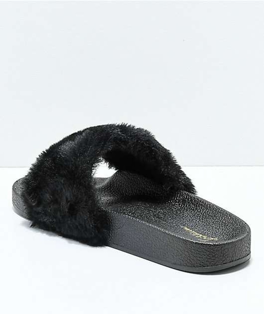 Sandals * | Trillium Black Fur Slide Sandals Outlet