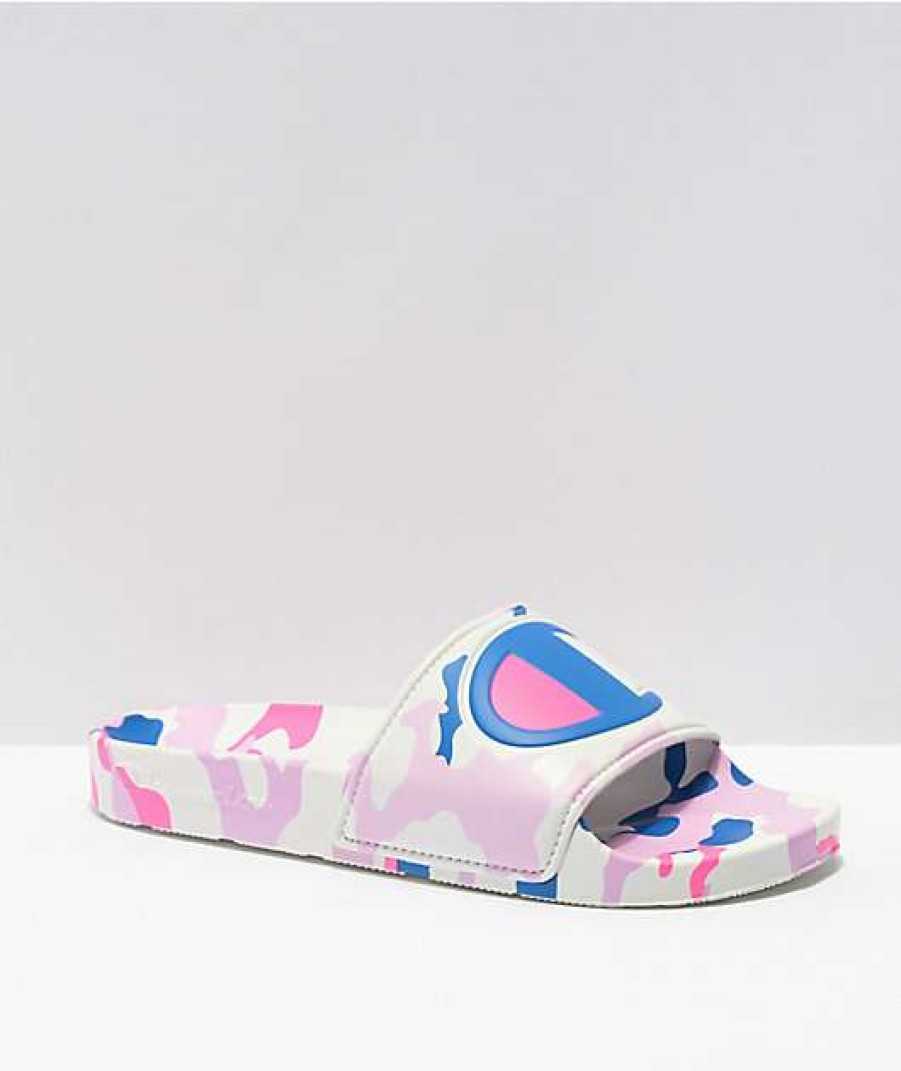 Sandals * | Champion Ipo Camo White, Pink & Blue Slide Sandals Outlet