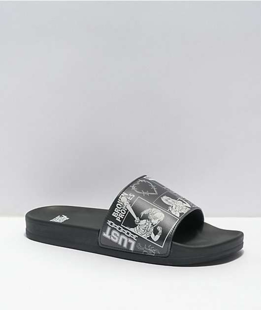 Sandals * | Broken Promises Arcade Mode Black & White Slide Sandals Outlet