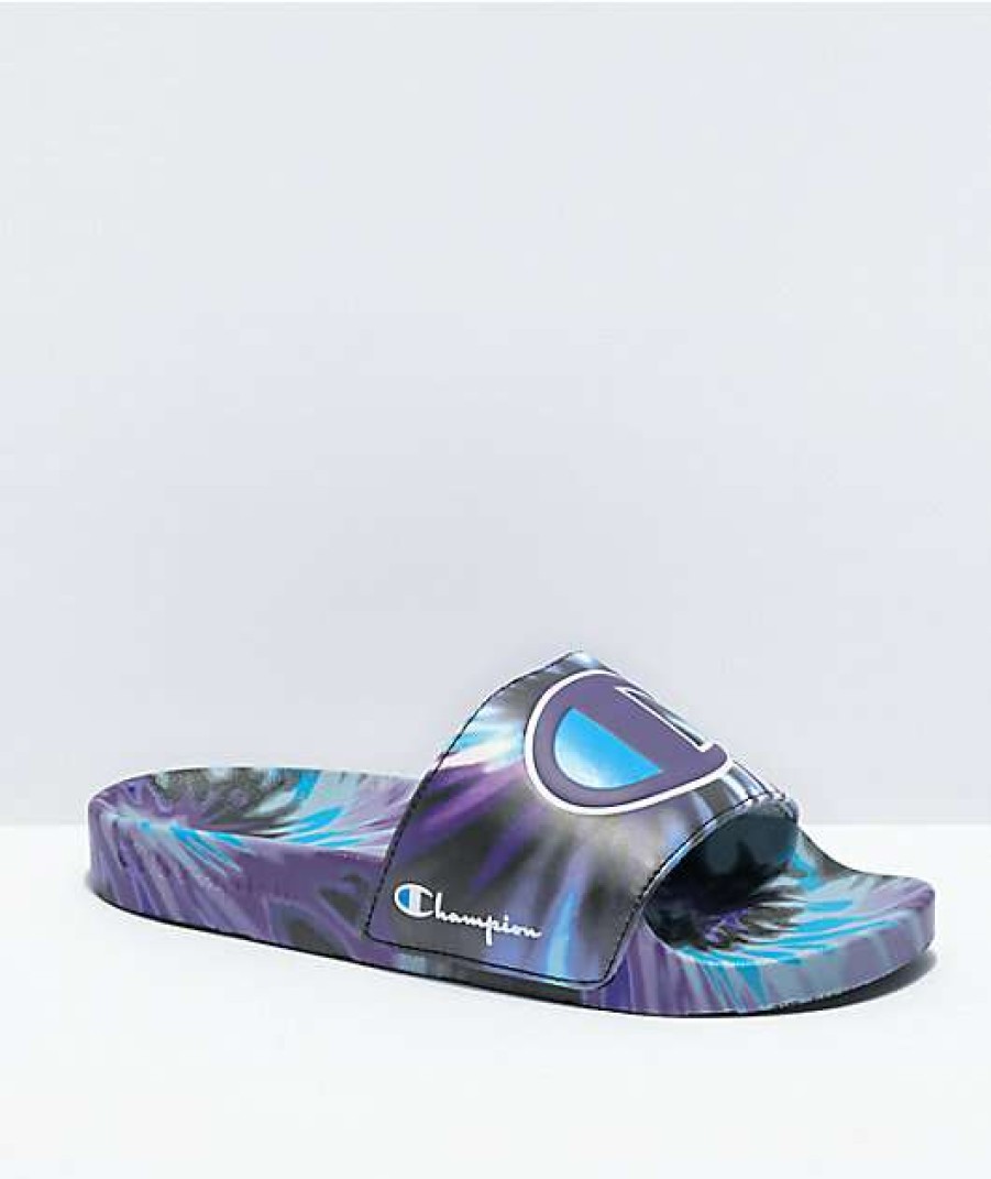 Sandals * | Champion Ipo Tie Dye Black, Purple & Teal Slide Sandals Outlet