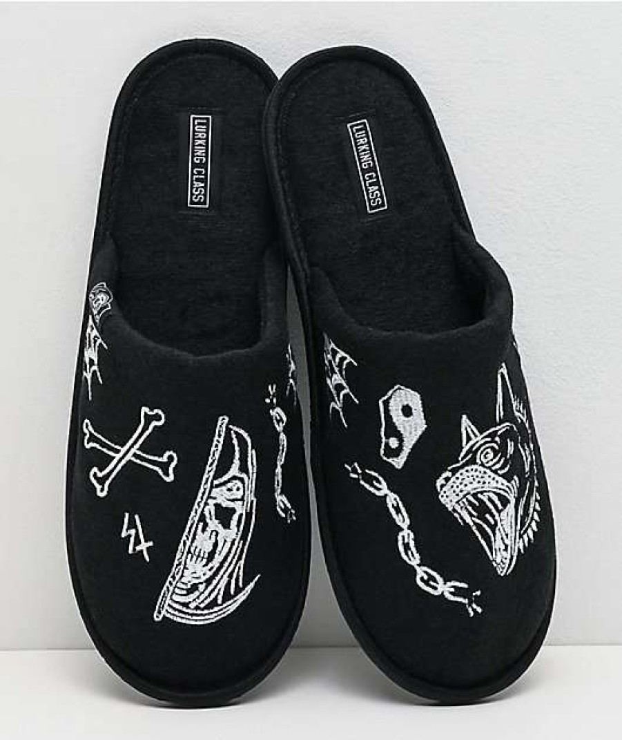 Shoes * | Lurking Class By Sketchy Tank Logo Black Slippers Outlet