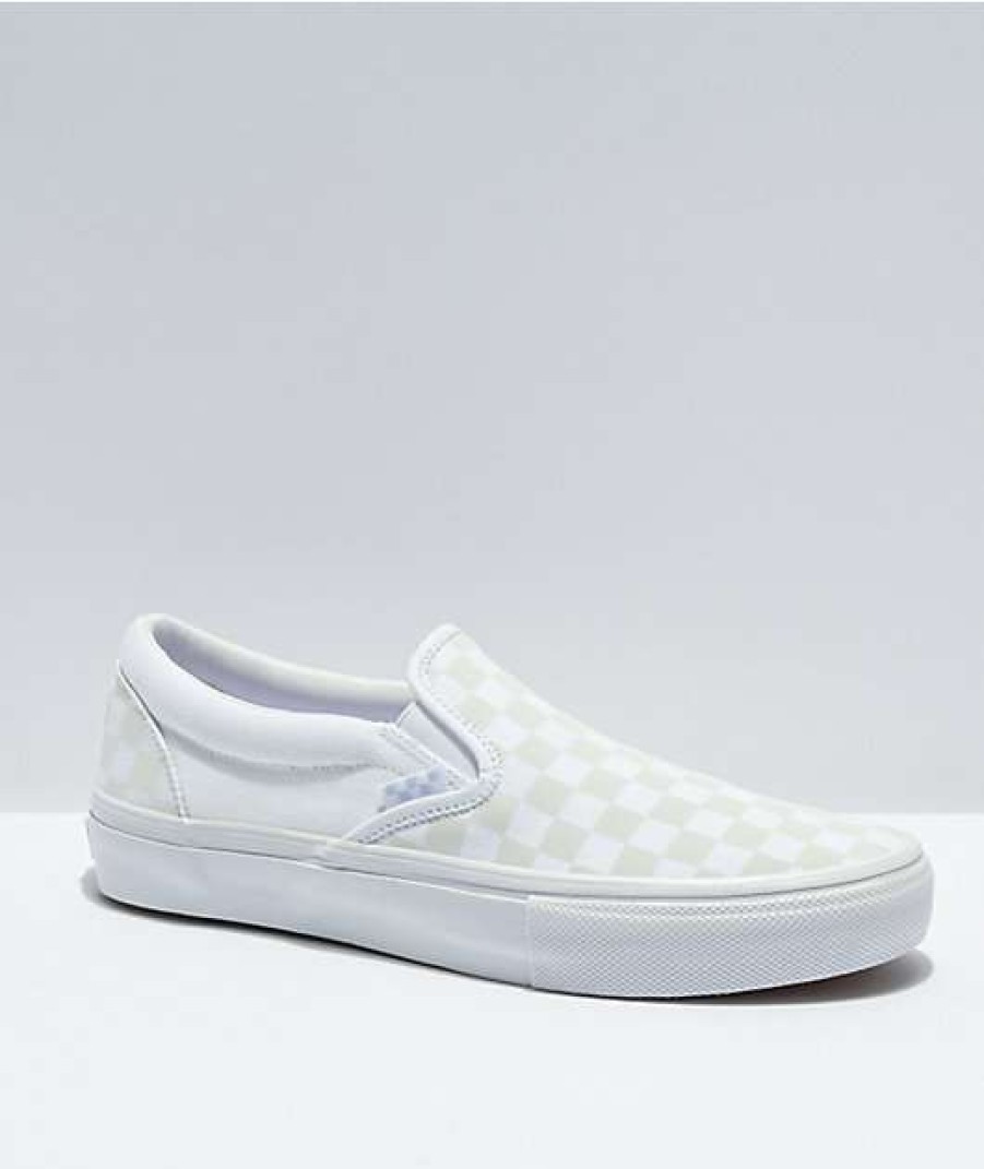 Vans * | Vans Slip-On Skate White & Reflective Checkerboard Skate Shoes Promotions