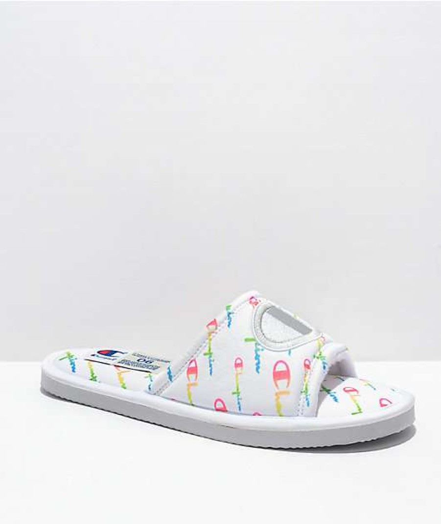 Shoes * | Champion Cozy Tozy White & Rainbow Slippers Outlet