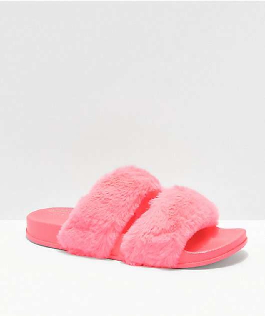 Sandals * | Trillium Double Strap Hot Pink Furry Slide Sandals Outlet