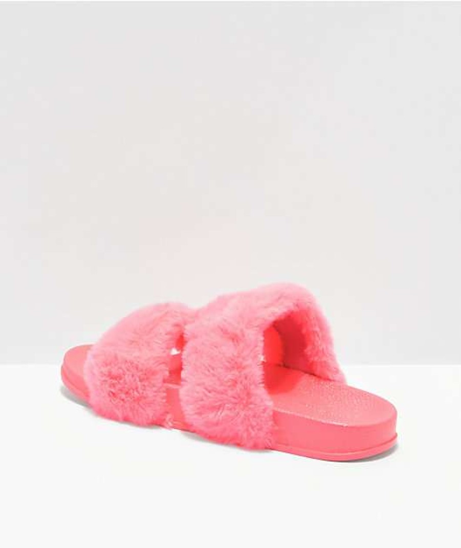 Sandals * | Trillium Double Strap Hot Pink Furry Slide Sandals Outlet